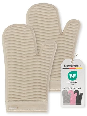 Bellphany Premium Silikon Ofenhandschuhe Paar - Design Topfhandschuhe zum Kochen & Backen, Backofenhandschuhe hitzebeständig bis 250°C, Beige