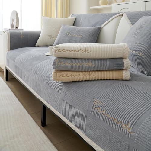 FASCINATDECO Couch Überzug, Sofa Überzug 1/2/3/4 Sitzer Sofabezug Ecksofa L Form, Sofaschoner rutschfest, Samt Sofa Sitzkissenbezug, Waschbar Couchbezug (Grau,90x160cm)