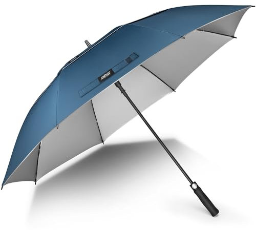 NINEMAX Golfschirm mit UV Schutz XL, UV Großer Regenschirm Sturmfest, Große Golf Sonnenschirm für Herren Damen 2 Personen (Saphirblau/Silber)