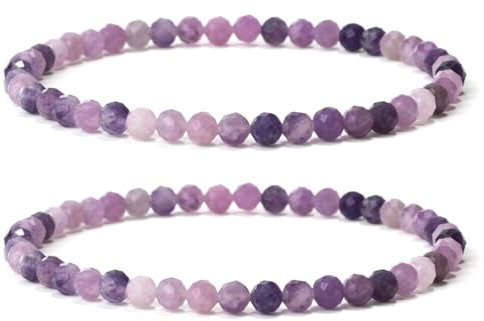 Landorilo 2 Stück Naturstein Facettiertes Perlen Stretch Armband (4mm) für Damen Herren, Yoga Heilstein Armbänder, Freundschaftsarmband, Paar-Armband, Ersatzperlen Inklusive(2F Lavendel Chalcedon)