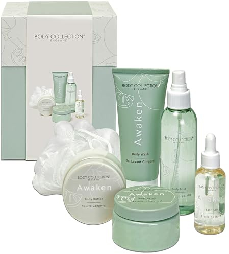 Body Collection Awaken Skincare Geschenkbox - Körperbutter, Peeling, Badeöl, Waschen, Nebel & Schwamm - Limetten-Basilikum & Mandarine Duft - 100% vegan & tierversuchsfrei - Luxus Verwöhn-Geschenkset