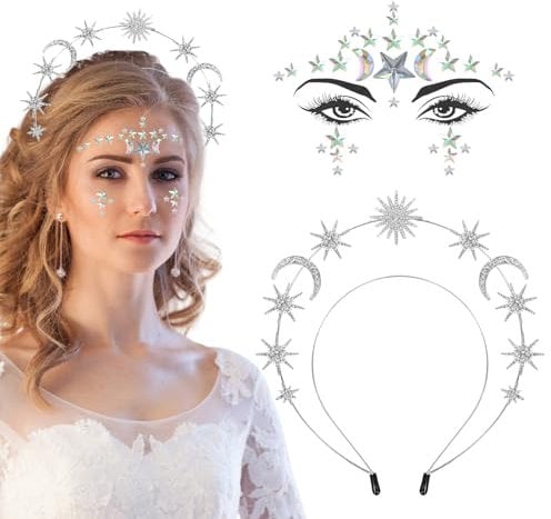 Sonne Mond Sterne Haarreif, Mond Haarband Silber, Glitter Stirnband mit Strasssteine Gesicht Tattoos, Strass Haarband für Fasching Karneval Halloween Musikfestival Party für Damen Mädchen