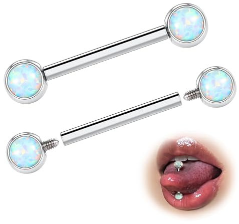ESHIONER G23 Titan Zungenpiercing Nippelpiercing Brustwarzenpiercing Piercing Zunge 14G 12mm 4mm Opal Gerade Barbell Piercing 2Stück