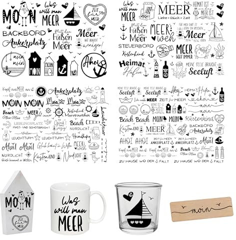 FloraVigo Rub On Sticker ca.A5 19x14cm-Spruch Deko zum Geburtstag, Keraflott, Hochzeit, Zuhause, Wischfolie für Möbel, Glas, Holz, Fotoalbum, DIY Deko, Aufkleberästhetik(4PCS) (MARITIM)