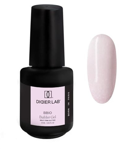 DIDIER LAB BBIO Gel Construction Ongle UV en Flacon - Milky Pink Glitter - Formule Propre sans HEMA ni TPO - Gel de Construction Ongle Autonivelant - Gel Ongle UV LED pour Renforcer les Ongles - 15 ml