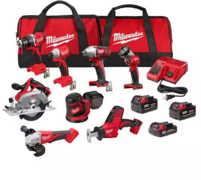 Milwaukee M18 18V Cordless Power Tool Combo Kit, 8 Tool Set, 3 Batteries, 2 Tool Bags, Charger Included