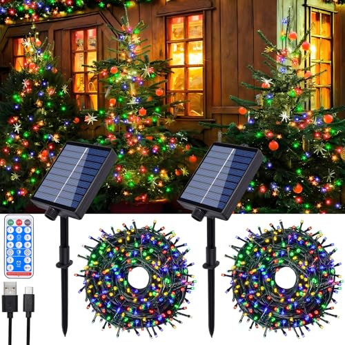 Hopelit Solar Lichterkette Aussen 20m Bunt, Lichterkette Außen Solar mit Fernbedienung & Timer, 8 Modi Lichterkette Weihnachtsbaum Wasserdicht Für Garten Deko Balkon Deko - 2 Stück