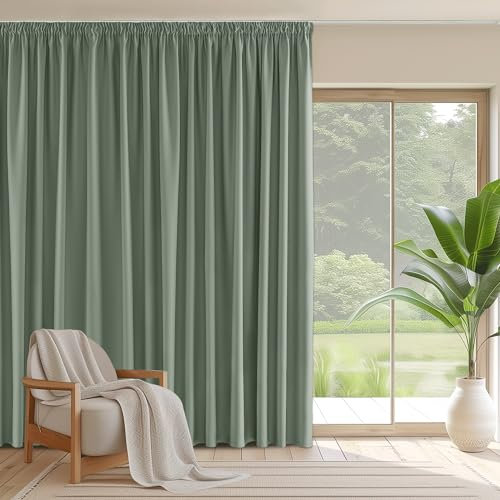 PONY DANCE Übergardinen Wohnzimmer mit Kräuselband Vorhang Blickdicht Schiene 1er-Set H 245 x B 200 cm Thermo Gardine Isolierend Kälte und Wärme Verdunklungsgardine, Salbeigrün