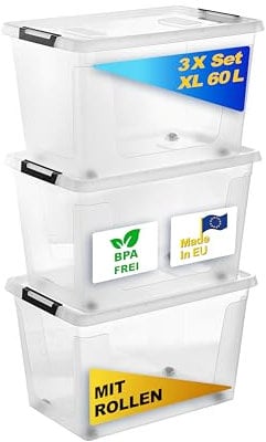 Gardissimo 3 er Set Aufbewahrungsbox mit Deckel und Rollen Clip 60 Liter, Kunststoff Boxen Stapelboxen Plastik, MADE IN Europe, Clip-Verschluss, BPA-frei transparent/durchsichtig