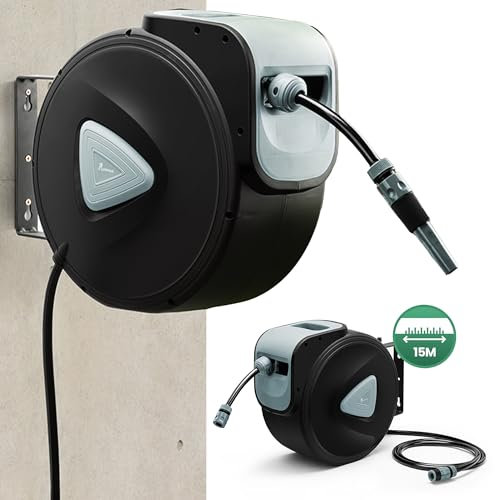 Hortensus Wandschlauchbox 15m Wandmontage – Zuverlässige Schlauchtrommel mit Arretierfunktion – Kompaktes, Knickfreies Design für Alltag & Garten