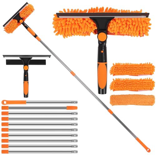 MEKOTRIN 4.5M Window Squeegee Cleaning Equipment, 14FT Telescopic Extra Long 3-IN-1 Window Cleaning Kit with Extendable Pole Squeegee&Microfiber Scrubber for Car Glass Indoor Outdoor High-rise(Orange)