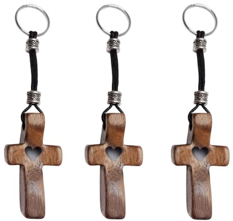 Fving Cross My Hearth – Lot de 3 porte-clés chrétiens 100 % noyer, petit porte-clés Jésus, croix en bois pour encouragement et prière, soulagement du stress/de l'anxiété, cadeau de Pâques pour la