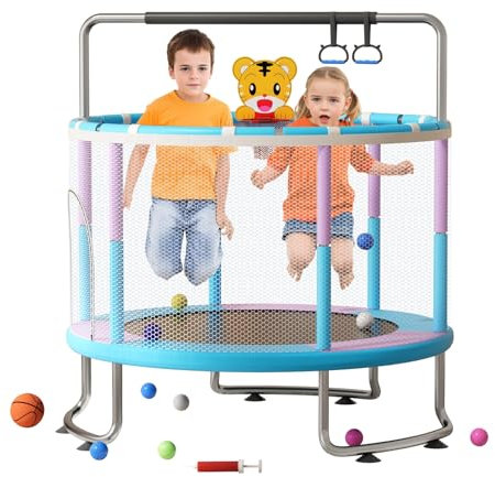 cukoekim Trampoline de 1,5 m pour tout-petits, trampoline d'intérieur et d'extérieur, mini trampoline avec panier de basket-ball, balançoire et sac de sable, cadeau d'été pour garçons et filles bleu