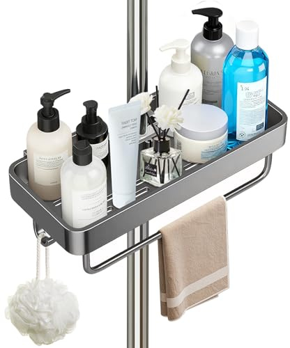 Étagère de douche - Organiseur de salle de bain avec 1 tournevis | Étagère de douche sans perçage pour savon et shampoing - Pour barre de douche ronde de 22 à 25 mm de diamètre (gris)