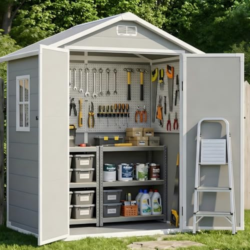 6x4 FT Plastic Garden Shed with Floor | Outdoor Waterproof Storage Shed with Lockable Door, Window & Vents | Perfect for Patio, Lawn, Storing Tools & Bicycles