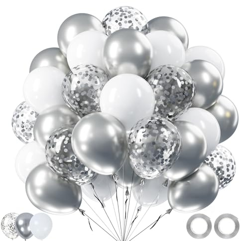 Luftballons Silber Weiß, 62 Stück Silberhochzeit Deko Luftballons | Luftballon Silberhochzeit, Geburtstag Ballons Silber Weiß, Helium Ballon für Babyparty Deko Geburtstag Hochzeit Neujahr