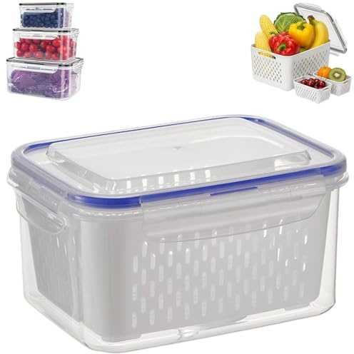 4 in 1 Food Storage Container, Frischhaltedosen mit Abtropfsieb, Obst Aufbewahrungsbox Kühlschrank, Luftdicht Gemüsedose für Frische & Organisation (Blue, L)