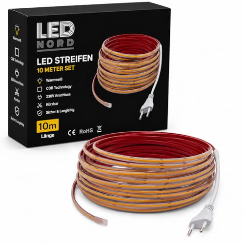 LED Nord COB LED Streifen 230V 10m Warmweiß 3000K, dimmbarer LED Lichtstreifen IP67, 10W/m, bis 1100 lm/m, schneidbar alle 12,5 cm, selbstklebend, für innen und außen