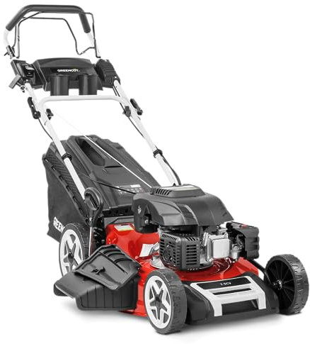 GREENCUT GLM880X - Cortacésped de Gasolina 173cc 7.5cv, Motor 4 Tiempos OHV autopropulsado, Cuchilla Acero Doble Filo 530mm 21, Sistema Recogida 4 en 1 Mulching, Altura Regulable, Cesta 65L