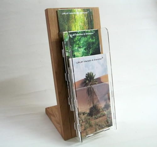 LINLAY Intarsien & Gravuren 11x21 DIN-Lang DL Tisch 3 platzsparende Einsätze Flyerhalter Holz Eiche Prospektständer Flyerständer Prospekthalter Postkarte