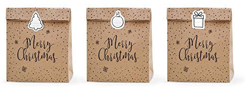 PartyDeco Satz von Frohe Weihnachten bedruckte Taschen 3 Stück Kraft Geschenk Verpackung Weihnachtsbaum Dekoration Geschenk Taschen mit Aufkleber Ticket