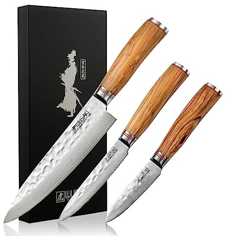 Wusaki Damas 10Cr Coffret de 3 Couteaux de Cuisine : Chef + Universel + Office avec Lames Damas et Manches en Bois d'Olivier – Boîte idéale à offrir