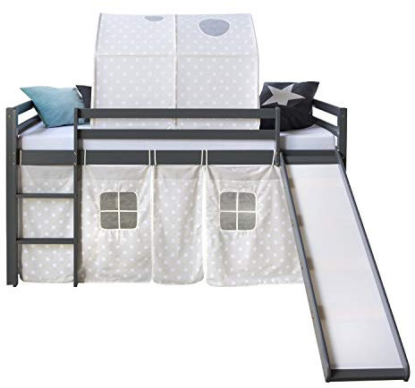 Homestyle4u 1872, Kinderbett Hochbett 90x200 mit Rutsche Grau Kiefer Holz Bettgestell mit Leiter Tunnel Vorhang Sterne
