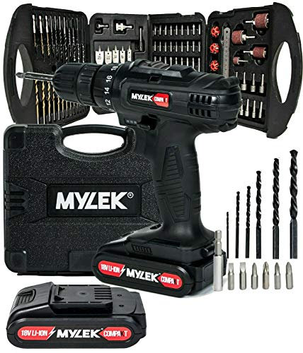 MYLEK 18V Cordless Drill Driver Electric (131 Piece Drill Set & 2 Batteries, Black)