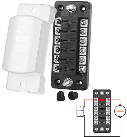 Jtron 6 weg Kfz-Sicherungskasten für ATO/ATC 1-20A-Sicherung DC 32V M5-Schraubsteckverbinder-Sicherungshalter mit Sicherung für KFZ-Boot Marine-SUV (6 Way-No negativ)