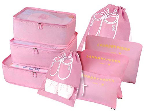 Vicloon Koffer Organizer, 8-in-1-Set Gepäck Organizer, Wasserdichte Reise Kleidertaschen umfassen 2 Schuhbeutel, 3 Packwürfel und 3 Aufbewahrungsbeutel, für Kleidung Schuhe Unterwäsche Kosmetik - Rosa