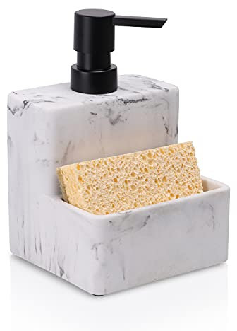 ZCCZ Dosificador Jabón con Soporte de Esponja, Dispensador 2 en 1 para Cocina, Baño o Lavabo, Organizador Estropajos Fregadero con Diseño de Mármol, Blanco