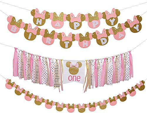 Pink and gold Minnie Themed Party Decor Supplies Mouse Kids First Birthday Decor Kit Minnie Bow 1st One Year Birthday Banner High Chair Banner Minnie Paper Garland