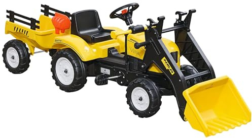 Aosom Kids Ride-On Excavator, Pedal Car Bulldozer, Move Forward/Back with Real Working Dirt Bucket, 6 Wheels, & Cargo Trailer