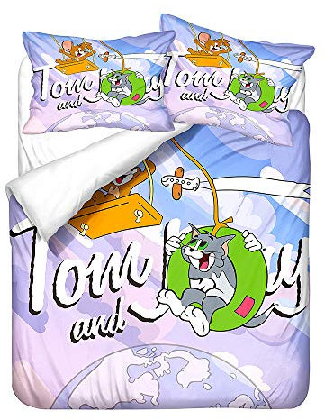 NICHIYO Tom and Jerry Bettwäsche-Set – Bettbezug und Kissenbezug, Mikrofaser, 3D-Digitaldruck, dreiteilige Bettwäsche (18, Super King 220 x 260 cm)