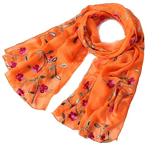 Blumenstickerei Seidenschal Damenmode All-Match Damen Frühlings- und Sommerschal Strandtuch Anti-Sai-Schal Simulation Seide Orange