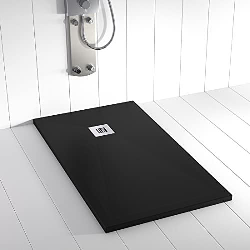 Receveur de douche en résine PLES Noir 140x100 – Texture ardoise – Antidérapant – Grille et siphon inclus