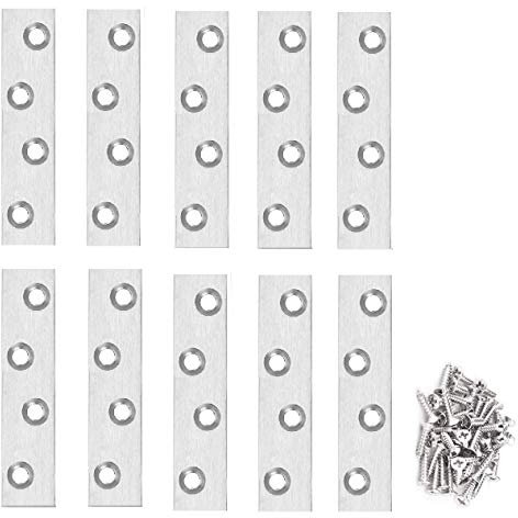 TERF® 10 Pcs Zinc Plated Solid Steel 100mm X 23mm Flat Mending Corner Brace Straight Plates Joining Connector Repair Plates Shelf Bracket with Fixing Screws for Use Wood, Furniture and Many Project