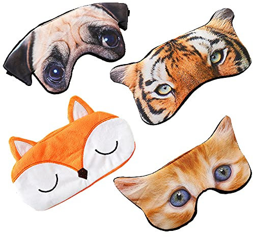 CaiYuanGJ 4er Augenabdeckung zum Schlafen, Tier Augenabdeckung, 3D Tier Augenmaske, Augenbinde Schlafbrille, für Kinder Mädchen Damen (Süße Katzen, Hunde, Tiger und Füchse)