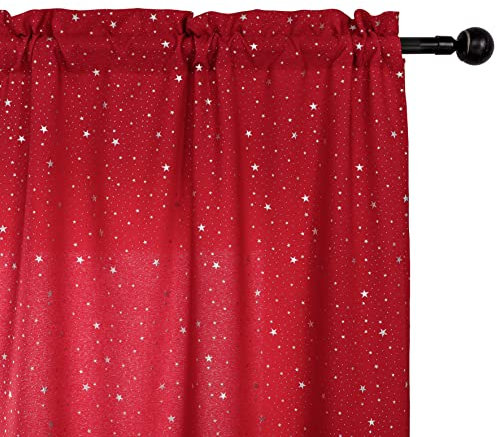 GIRASOLE HOME® Coppia Tende Semi Oscuranti Fantasia Stelline Argentate Tenda per Soggiorno Camera Cameretta Cucina e Interni 2 Pannelli con Tasca (Rosso, 70x238cm)