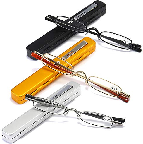 MMOWW MMOWW3er-Pack Mini Metall Lesebrillen Damen Herren Federscharnier Klassische Klein Schmal Leicht Lesehilfe Sehhilfe Brillen mit Etui (Schwarz+Golden+Silber,+3.5)