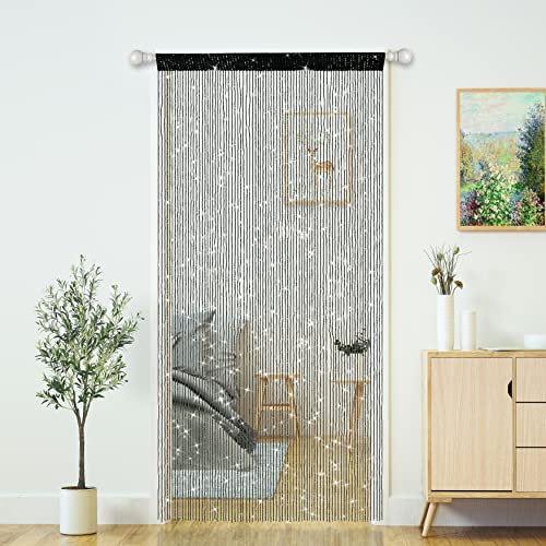 Transcosy Door String Curtain Doorway Curtains, Room Divider Home Decor Tassel Screen Patio Wall Window Wedding Closet Living Room Bedroom Panel Boho Hippie Hanging Macrame Fringe (1, Black, 39×79in)