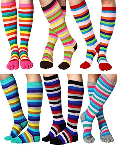 Jeere 6 Pairs Rainbow Toe Socks Women Cotton Knee High Toe Socks With Toes Separated Striped Thigh High Socks Leg Warmers LGBT Pride Long Socks (Black, Grey, Pink, Red, Coffee, Green), Black, Grey,