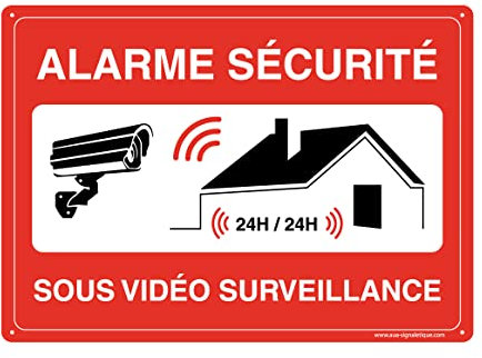 AUA SIGNALETIQUE - Panneau Signalétique en PVC Rigide et Compacte 1.5 mm. (170 x 121 mm, Alarme Sécurité 24h/24 sous Vidéo)