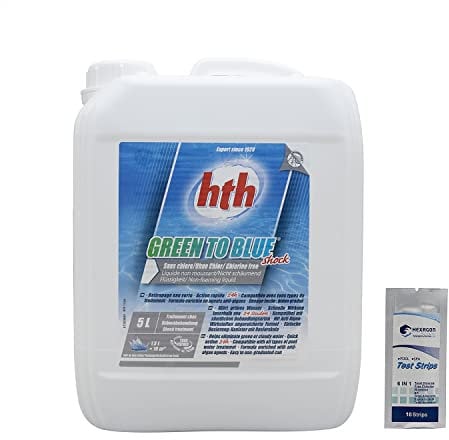 HTH Green to Blue Shock 12% Liquide - 5L | Anti-Algues Choc - Rattrapage Eau Verte - Désinfection Choc sans Chlore - Oxygène Actif - Péroxyde d'Hydrogène + 10 Tests HPS OFFERTS 6 en 1