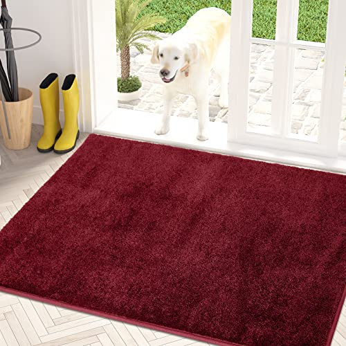 PURRUGS Dirt Trapper Door Mat 31.5 x 47, Non-Slip Machine Washable Entry Rug, Shoe Scraper, Dog Doormat, Super Absorbent Welcome Mat for Front & Back Door, Muddy Shoes & Paws, Burgundy Red