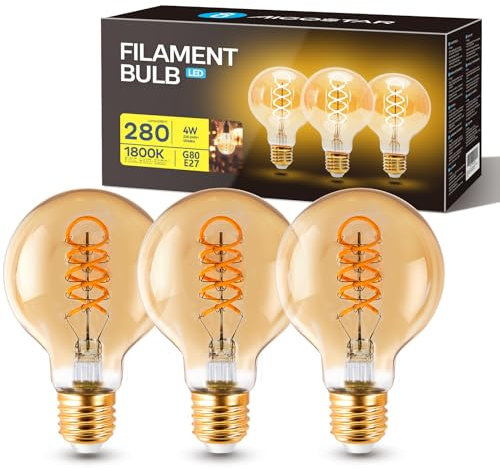 Aigostar - LED Glühbirne E27 4W, Modell G80, Warmweißes Licht 1800K, 280 Lumen, Vintage Glühbirne im Edison-Stil Mit Filament Und Bernsteinfarbenem Glas, Dekorative Glühbirne, Packung Mit 3 Stück