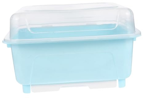 Lurrose Dish Drying Rack, Kitchen Drain Rack with Lid Cover Plastic Drying Rack Tray for Kitchen Organizer Storage Space (Small, Blue)