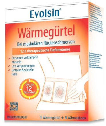 Evolsin - Cinturón térmico con parches de calor para dolores musculares de espalda - 12 horas de calor terapéutico en profundidad para relajar los músculos - listo para usar (2 aplicaciones)