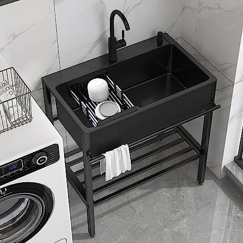 Duchunsheng Evier Utilitaire Acier INOX pour L'extérieur, Evier De Cuisine 1 Bac Noir, Plonge INOX avec Panier Égouttoir, Évier De Jardin Extérieur Professionnel avec Chaud/Froid Robinet Et Support