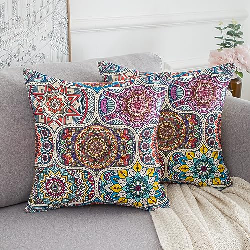 Serento Sofakissen Kissenbezüge 45 x 45 Mandala Sofakissen Dekokissen Boho Kissenbezüge Quadratische Leinen Kissenbezüge für Sofa Couch Innen Wohnkultur 2 Stück